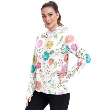 Imagem de Camisetas femininas com proteção solar com elementos florais florais com proteção UV FPS 50+, camisetas de pesca para mulheres com capuz e corrida, Flores com elementos florais, GG