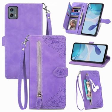 Imagem de Furiet Capa carteira compatível com Motorola Moto G 5G 2023 com alça de pulso e suporte de cartão flip de couro, acessórios de celular, capa para celular para mulheres G5G G5 roxa