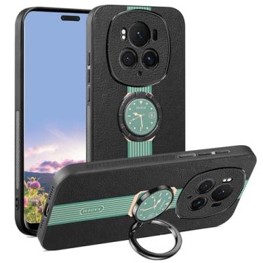 Imagem de Kainevy Capa para Honor Magic 6 Pro de couro durável de silicone à prova de choque protetora preta fina Honor Magic 6 Pro com suporte de anel de metal magnético estética luxuosa elegante (verde