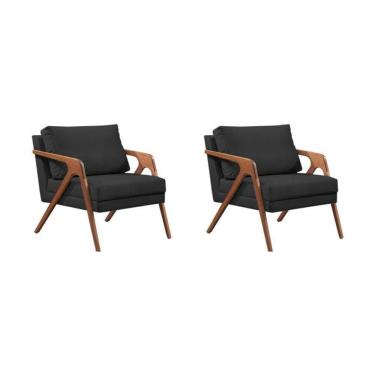 Imagem de Kit 2 Poltronas Decorativa Mona Luxo Veludo Preto Base Madeira Maciça