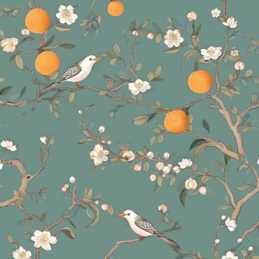 Imagem de Papel de parede floral verde descasque e cole, papel de contato de pássaros, frutas laranjas, flores brancas, botânico, boho, papel de parede, autoadesivo, impermeável, removível para prateleiras de