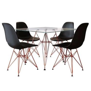 Imagem de Jogo de mesa eames de ferro cobre E tampo quadrado vidro 90cm 4 cadeir