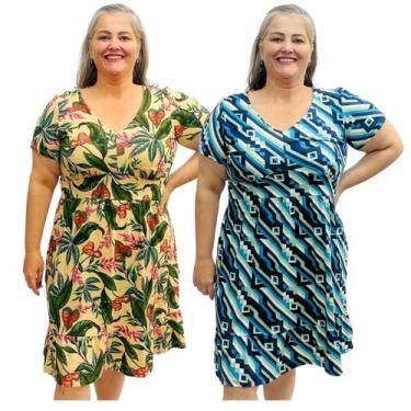 Imagem de Kit 2 Vestidos Estampados Moda Plus Size Manga Curta Midi Gola V Frent