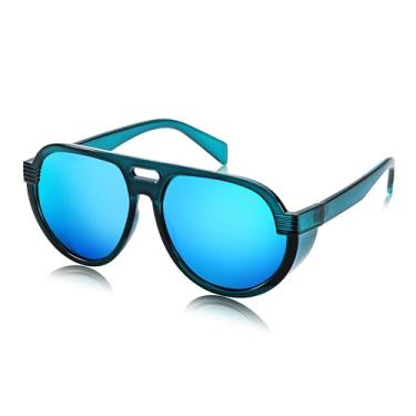Imagem de FEISEDY Óculos de sol aviador Steampunk com protetores laterais para homens e mulheres anos 80 retrô top plano superdimensionado B0096, Armação azul/lente azul espelhada, 58MM