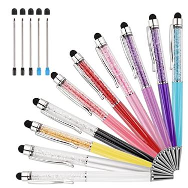 Imagem de Canetas esferográficas, 10 peças, 2 em 1, caneta de diamante de cristal brilhante, capacitiva para tela sensível ao toque com recargas de substituição, tinta preta, azul, pontas de borracha para iPhone, iPad, Kindle, dispositivos com tela sensível ao toque