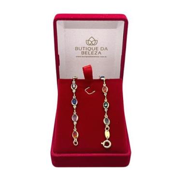 Imagem de Pulseira Folheada a Ouro Pedras Coloridas Oval 18,5cm Semijoia - Butiq