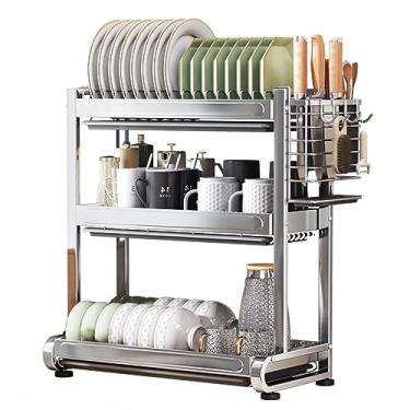 Imagem de Escorredor de pratos de cozinha de 3 níveis para balcão de cozinha, escorredores de pratos de aço inoxidável com suporte de utensílios, prateleiras de armazenamento multifuncional doméstico