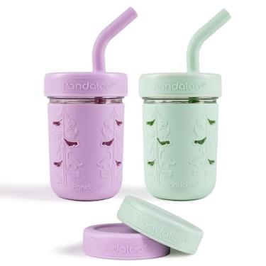 Imagem de Pandaloo® Copo infantil Mason Jar - Copo de vidro à prova de derramamento de 227 g com canudo e tampa de silicone, manga antiderrapante, copos de lanche infantis sem BPA - Copos de smoothie perfeitos