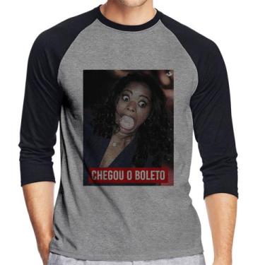 Imagem de Camiseta Raglan Chegou o boleto Manga 3/4 - Foca na Moda, Cinza, Preto