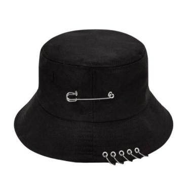 Imagem de Chapéu Bucket Hat Boné Preto Cata Ovo Com Argolas Liso K-Pop Acessório