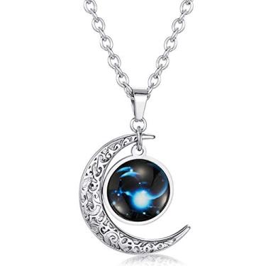 Imagem de Colar de aço inoxidável astrologia lua zodíaco presente horóscopo signo estrela constelação brilha no escuro pingente com corrente de 61 cm