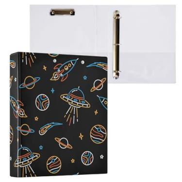 Imagem de Fichários de 3 cm com três anéis de planeta de foguete espacial com bolsos fichário de 3 furos para escritório escolar, pacote com 2