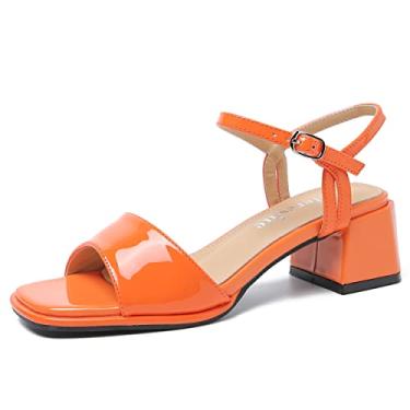 Imagem de fereshte Sandálias femininas de salto com tira no tornozelo com tiras e salto baixo, Laranja envernizada, 9