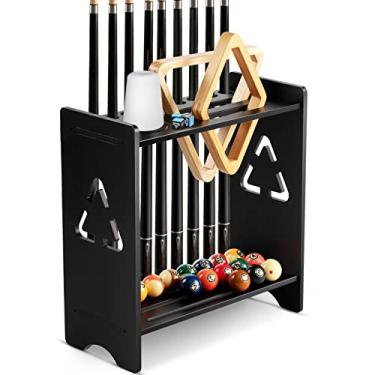 Imagem de Suporte de chão para vara de piscina, suporte para taco de bilhar de madeira maciça comporta 9 tacos de sinuca conjunto completo de bolas de piscina e acessórios de mesa de bilhar suporte para taco de bilhar com suporte de giz para sala de jogos clube ou caverna masculina