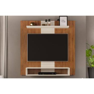 Imagem de Painel Home p/TV até 47 Polegadas Smart c/ Prateleira e Nichos 120x120cm Freijó/Off White - DJ Móveis