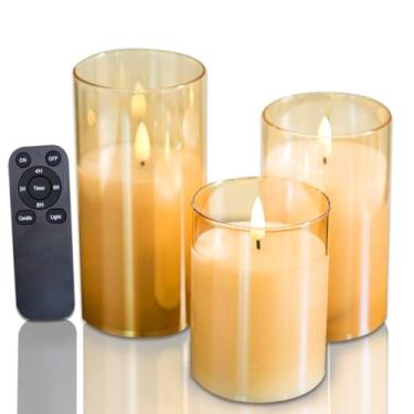 Imagem de CANDLE CHOICE Velas de pilar sem chamas operadas por pilha de cera real com temporizador remoto, revestimento de vidro dourado, pavio preto realista, luzes de LED elétricas cintilantes, decorações de