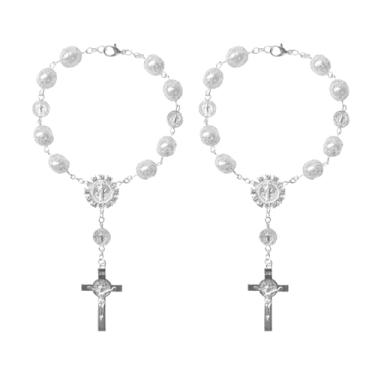 Imagem de Hbxdeco 2 peças rosário de carro para espelho retrovisor, pingente de rosário de espelho retrovisor automático de bênção cruzada personalizado, rosário universal para espelho retrovisor de carro,