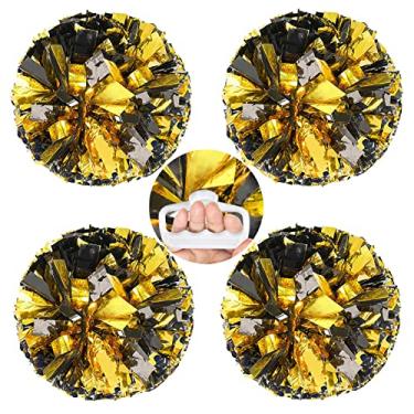 Imagem de AUHOKY Pacote com 4 pompons metálicos de líder de torcida, pompons fofos de líder de torcida com anel que não irrita os dedos, pompons de torcida para equipe de esquadrão, jogos esportivos, vestido de dança, festa, crianças e adultos (preto/dourado)