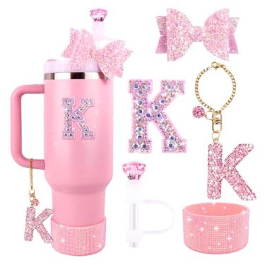 Imagem de Lingdeer Conjunto de acessórios rosa para Stanley Cup 850.5 g 1,134.0 g, pingentes de letras brilhantes, capa de palha de diamante, bota de silicone com glitter, adesivo personalizado, enfeite de