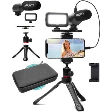 Imagem de Movo iVlogger- Kit de vlogging compatível com iPhone/Lightning Kit de vídeo para telefone Acessórios: Tripé para telefone, suporte para telefone, luz LED e microfone Shotgun para celular para gravação de vídeo por telefone para YouTube, Vlog