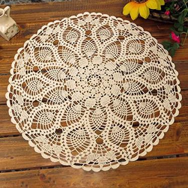 Imagem de Lelefly Toalha de mesa redonda de renda de crochê feita à mão de algodão Doilies Doily Table Dresser Scarf Decoration, 58,4 cm, bege
