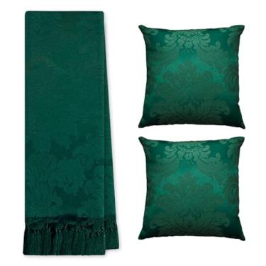 Imagem de Jogo Manta Xale para Sofá Artesanal com Franjas 1,40 x 1,80 com 2 Capas de almofadas (247 VERDE ESMERALDA)