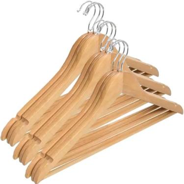 Imagem de Kit 9 Cabides Madeira Marfim Envernizada Gancho Cromado Resistente Roupas Pesadas Ternos Casacos Closet Loja
