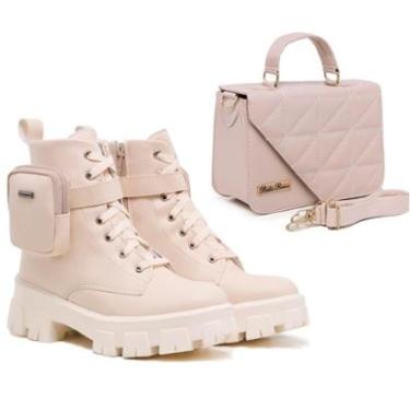 Imagem de Kit Bota Tratorada Off-White Cano Médio e Bolsa Feminina Com Bolsa Elegante-Feminino