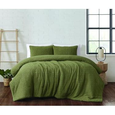 Imagem de Brooklyn Loom Conjunto de edredom casal/queen Marshmallow sherpa verde-oliva 3 peças, tema de cor sólida, certificado Oeko-TEX Confiança