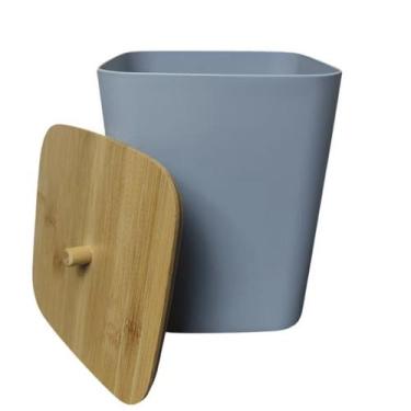 Imagem de Lixeira de Banheiro Cinza Plástico Resistente Com Tampa de Bambu Linha