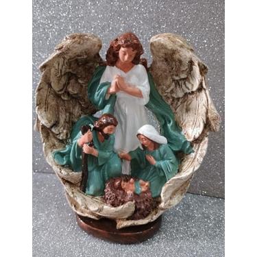 Imagem de Imagem Sacra da Sagrada Família com Anjo da Guarda, Escultura Decorativa, 17cm, Verde e Branco