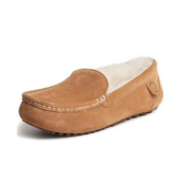 Imagem de Dearfoams Pantufa feminina mocassim – Fireside Mel para uso interno com espuma de memória genuína e aconchegante, Castanho, 35