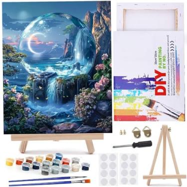Imagem de MaiMMaledy Kit de pintura por números para adultos iniciantes imagens em tela com desenho emoldurado pigmento acrílico com cavalete triângulo de madeira cachoeira vista noturna 20x30 cm C cm