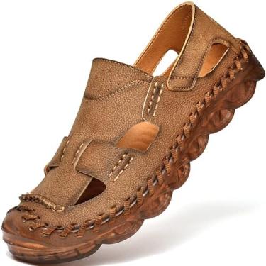 Imagem de Sandálias masculinas de couro com bico fechado para homens respiráveis sapatos de verão chinelos masculinos de pescador marrom preto tamanho grande calçado casual masculino praia esporte caminhada trabalho masculino, Marrom, 7