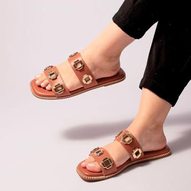 Imagem de Sandália Rasteira com Tachas Solado Antiderrapante Caramelo (Caramelo, BR, Adulto, Numérico, 38)