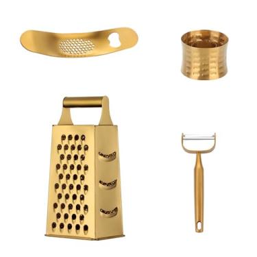 Imagem de MINGYU Professional Kitchen Accessories 4pcs - Gold Box Grater 4 Sides, Garlic Press Stainless Steel, Potato & Apple Peeler, Stainless Steel Corn Peeler, Best For Vegetables & Fruits