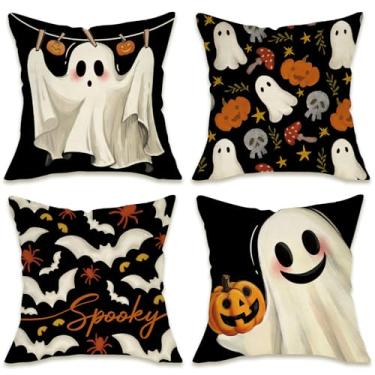 Imagem de Fahrendom Capas de almofada decorativas fantasma assustador de Halloween 45,7 x 45,7 cm conjunto de 4, Jack O Lantern Morcegos Abóbora Varanda Pátio Fronha de Almofada Engraçada Caveira Aranha
