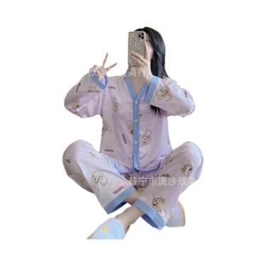 Imagem de Conjunto De Pijamas De Seda Gelada De Manga Comprida Feminino Solto La