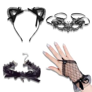 Imagem de Conjunto de fantasia de baile de máscaras de Halloween, máscara gótica de renda preta, faixa de orelha de gato, luva, colar, para cosplay, festa, acessórios retrô de férias, Preto, One Size