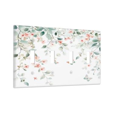 Imagem de Xuejiaku Placa de cobertura para interruptor de luz, folha verde, flores rosa, borboleta, 4 grupos, placa de interruptor quadriciclo, placa decorativa de interruptor, capa de tomada elétrica para