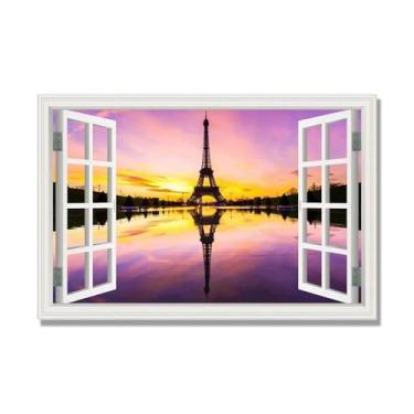 Imagem de Janela de arte de parede com impressão em tela. Vista de janela falsa. Impressão de imagem natural em tela. Arte de cenário para decoração de sala de estar. (Vista da Torre Eiffel de Paris 09). 30 x