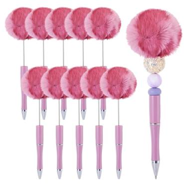 Imagem de Spritewelry Caneta esferográfica de pelúcia retrátil e fofa, pompom, 10 peças, faça você mesmo, canetas esferográficas de plástico com eixo, tinta preta para escritório, escola, rosa