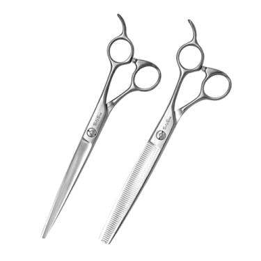 Imagem de SnipStar 7,5 polegadas de tesoura profissional para animais de estimação Conjunto de tesouras retas para cães VG10, e 56 dentes de afinamento de tesouras, taxa de afinamento 25%