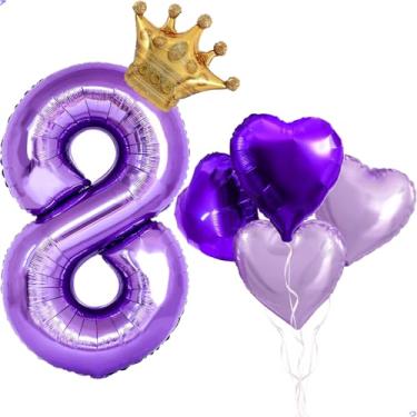 Imagem de Balão grande roxo número 8 coroa 101,6 cm para decorações de festa de aniversário, balões de alumínio Mylar 8º aniversário para decorações de aniversário roxas, suprimentos, lembrancinhas de festa