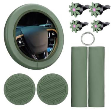 Imagem de Frienda 10 peças de capa de volante de couro para mulheres conjunto de acessórios de carro com cinto de segurança almofadas de ombro capas de cinto de segurança suportes de copo botão de início anel