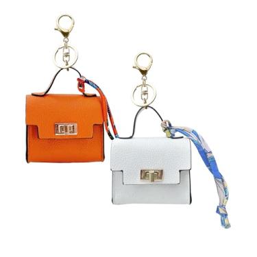 Imagem de Pacote com 2 minimochilas, chaveiros, de couro PU, bolsas minúsculas para bolsa, bolso para batom, porta-cartões, organizador de cabos de dados, bolsa organizadora laranja, branco, laranja + branco