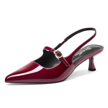 Imagem de GENSHUO Sapatos femininos de salto baixo estilo slingback elegantes bico fechado e tira no tornozelo elegantes para casamento sapatos formais confortáveis, Vermelho vinho com fivela, 38