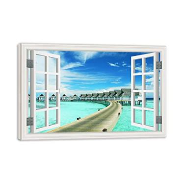 Imagem de Impressão em tela emoldurada de madeira janela tropical ilha marítima cais paisagem 3D vista paisagem pintura natureza impressão em tela arte de parede para sala de estar 80 x 120 cm 31 x 47 pol