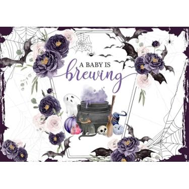 Imagem de DULUDA Pano de fundo para chá de bebê de 2,5 x 1,8 m de Halloween A Baby is Brewing Decorações de festa de chá de bebê caprichoso em aquarela floral para decoração de fotografia floral para bebês com