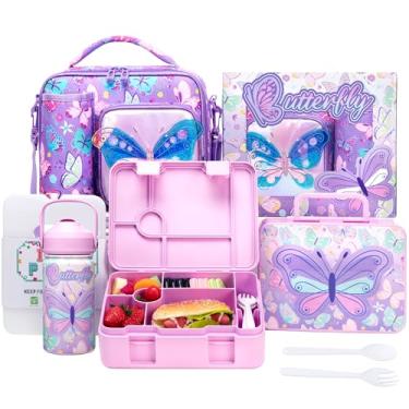 Imagem de Oruiji Lancheira borboleta para meninas Bento Box para crianças com lancheira, garrafa de água de aço inoxidável, conjunto de pacote de gelo, presentes de aniversário para crianças de 3 a 12 anos